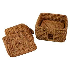 HAND WOVEN SQUARE RATTAN COASTER SET WITH HOLDER